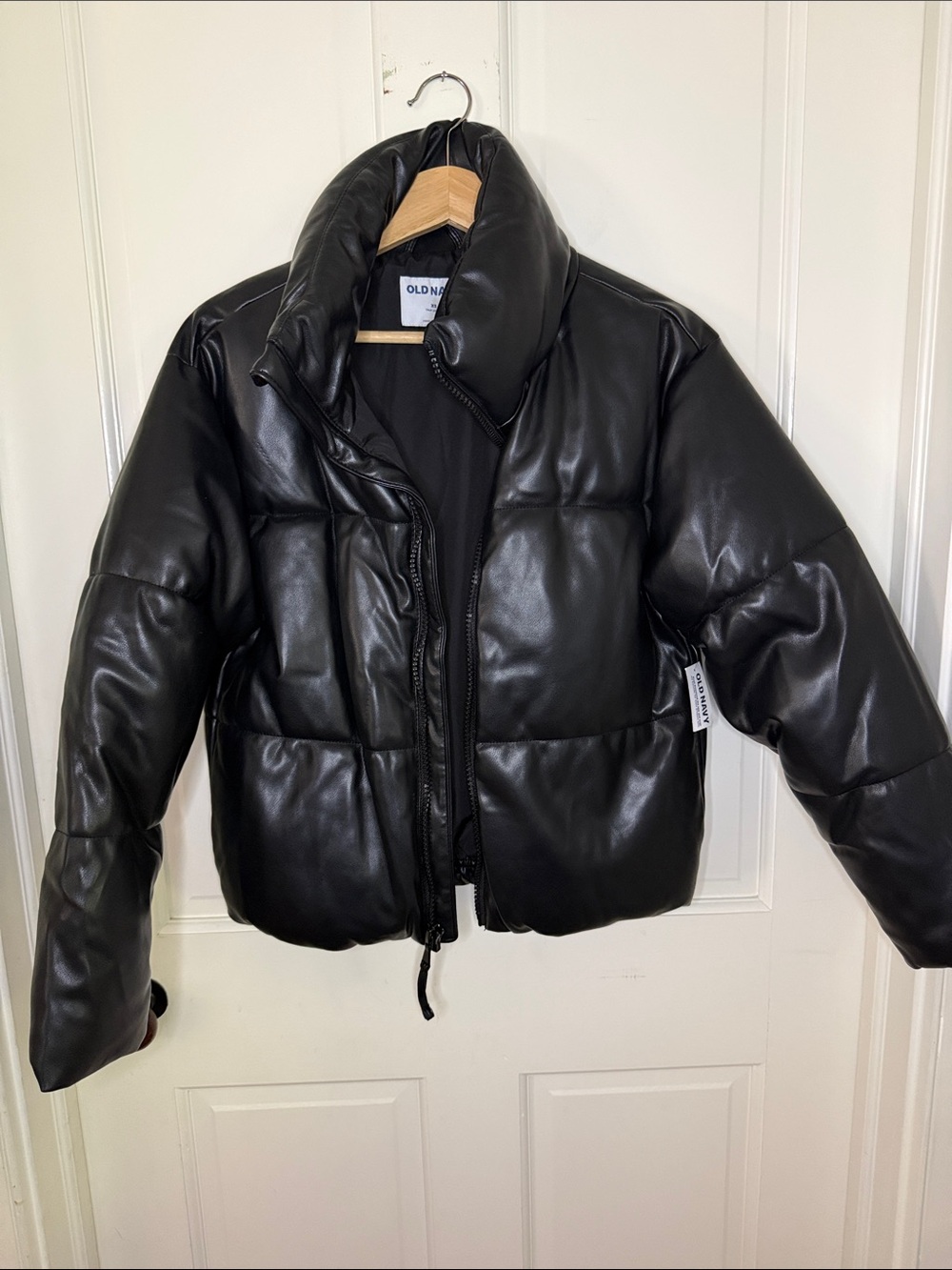 Old Navy Black Faux Leather Quilted Puffer Jacket